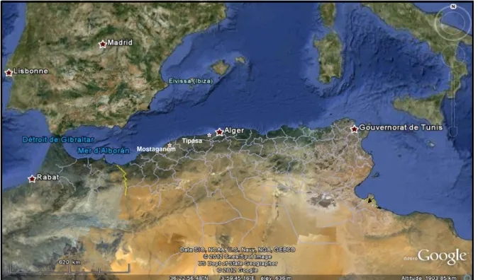 Figure  3.  Localisation  de  la  cote  Algérienne  au  sein  du  bassin  méditerranéen  (Source  Google  earth,  2012)