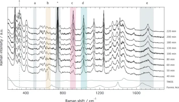 Fig. 4 Evolution of the Raman spectra with time for the solution with x = 1. From bottom to top, spectra recorded after 30, 40, 50, 70, 120, and 214 minutes from mixing the reagents