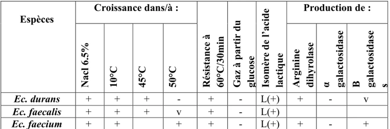 Tableau 11 : Principales caractéristiques physiologiques et biochimiques de quelques  espèces d’entérocoques ( Dellaglio et al., 1994)