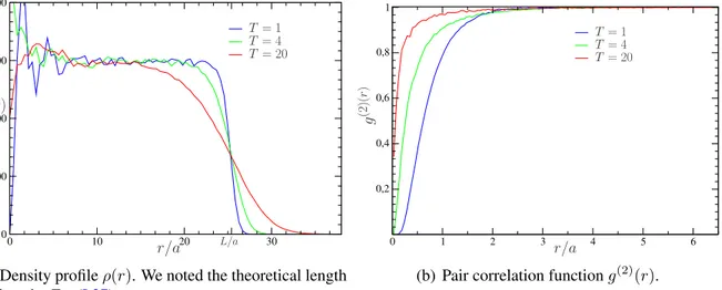 Figure II.1 – Density and pair correlation functions from MD simulations for three different temperatures (see Table II.1 for parameters value).