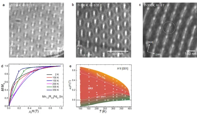 Figure  4.  Temperature  dependence  of  antiskyrmions  and  phase  diagram.  Under-focused  LTEM image taken at a, 350 K in a field of 0.22 T, b, 100 K and field of 0.33 T and c, 100 K and  zero  field