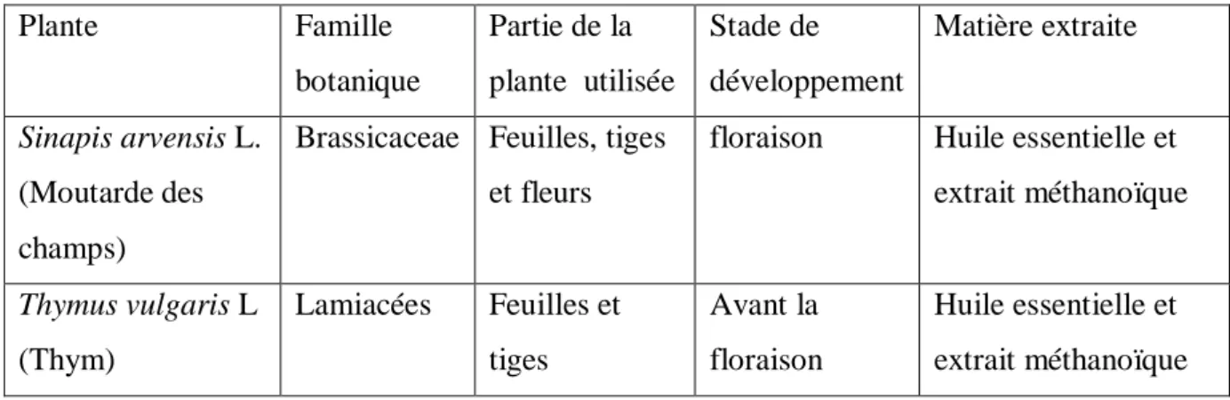 Tableau 2: Quelques données sur les deux plantes étudiées  