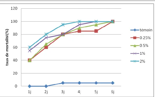 Figure 20: Evolution de la mortalité du puceron vert Aphis spiraecola après traitement par  l’huile essentielle de Thymus vulgaris 