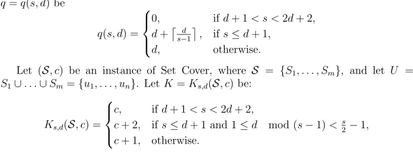 Figure 3.3: Reduction from Set Cover instance (S, c), where c = 3, S = {S 1 , S 2 , S 3 , S 4 , S 5 }, S 1 = {1, 2, 3}, S 2 = {2, 6, 7}, S 3 = {4, 5, 6}, S 4 = {3, 5, 7}, S 5 = {7, 8, 9} and U = {1, 2, 3, 4, 5, 6, 7, 8, 9}