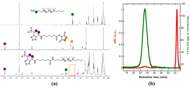 Figure S2. A-  1 H NMR spectrum of PDMS-NBD. B- SEC chromatograms of PDMS –NBD (red : RI  detection, green : UV detection at 450nm)