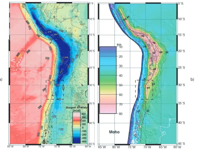 Fig. 1.9: Carte des anomalies de Bouguer (a) et profondeur du Moho gravimétrique (b) (Tassara [2005])