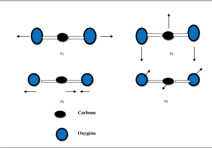Figure 12 : Les 4 modes de vibration de la molécule CO 2 . 
