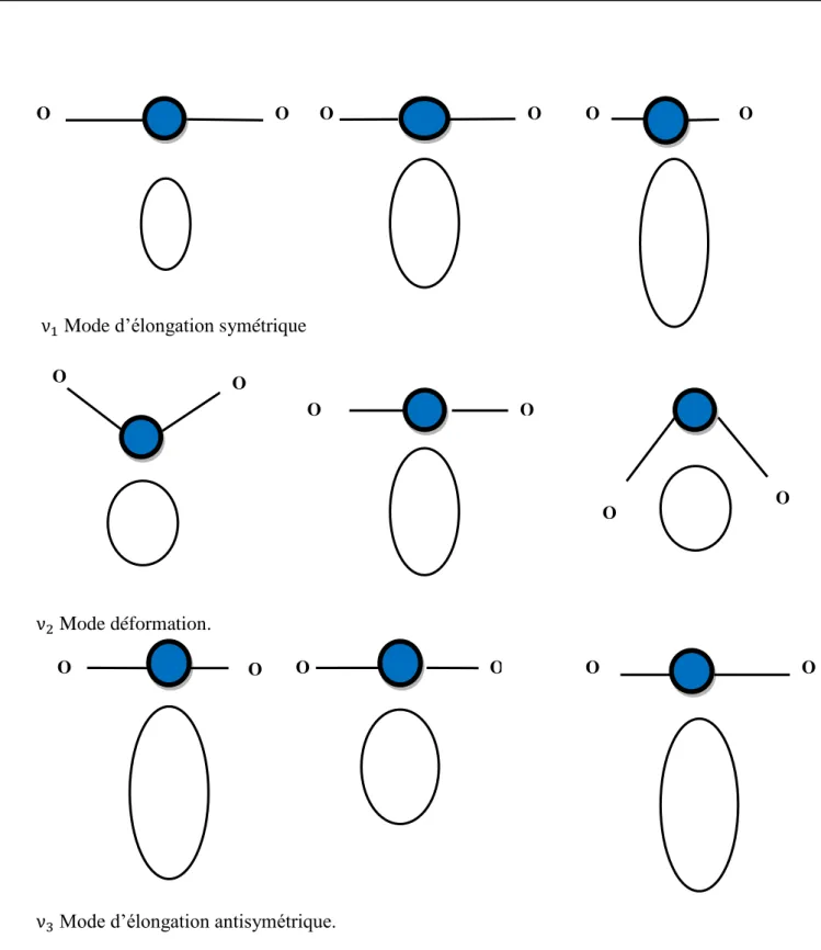 Figure 13 : changements de formes des ellipsoïdes de polarisabilité de la molécule de dioxyde de carbone durant  les vibrations