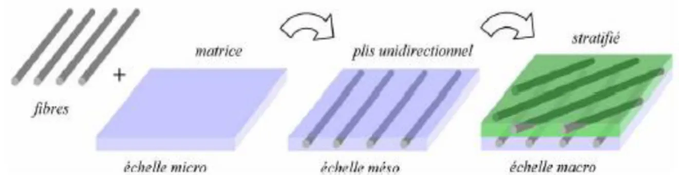 Figure I.4. Les échelles des constituants d'un composite stratifié [8]. 