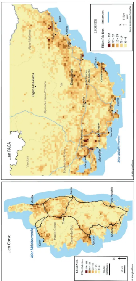 Figure 9. Émergence locale (4 km²) du phénomène incendiaire en Corse et en PACA entre 1973 et 2006 
