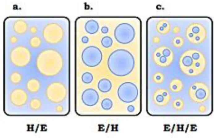 Figure 6. Les divers types d’émulsions : a. émulsion directe, b. émulsion inverse, c. émulsion  multiple à phase eau continue