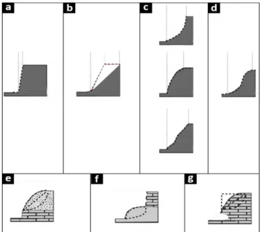 Figure 11. Typologie du profil des falaises (modifié de Nunes et al., 2009). a, b, c, d- Lithologie  homogène