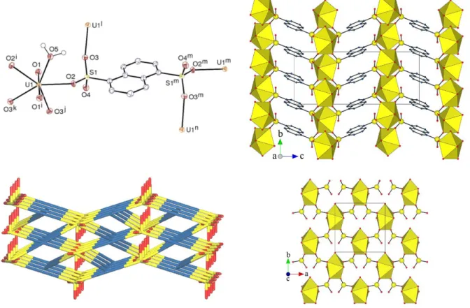 Figure 1. Top left: View of complex 1. Displacement ellipsoids are drawn at the 50% probability level