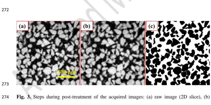 Fig.  3.  Steps  during  post-treatment  of  the  acquired  images:  (a)  raw  image  (2D  slice),  (b)  274 