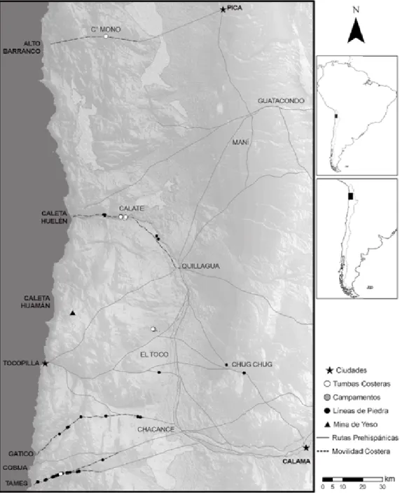 Figura 1. Mapa del área de estudio, con los sitios mencionados en el texto y las rutas de movilidad costera.