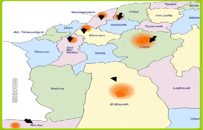Fig. 01. Carte géographique des 7 sites étudiés de la région Ouest et sud Ouest de L’Algérie  Le  choix  de  l'enquête  a  été  basé  sur  la  connaissance  traditionnelle  des  utilisateurs  et  sur  la  répartition  des  végétaux  suivant  différents  se