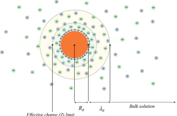 Figure 1. The schematic presentation of the multiply charged colloidal particle surrounded by the cloud of counter-ions.