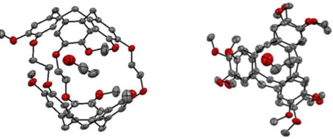 Figure 1: ORTEP representation of cryptophane-B (2). Two different views are shown. Hydrogen atoms have  been removed for clarity