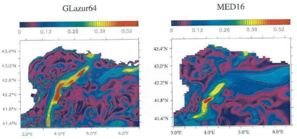Figure 1.3: Surface velocity for experiments employing the same forcing fields but on the right using spatial resolution of 1.7km (Glazur64) and on the left of 7km (MED16)