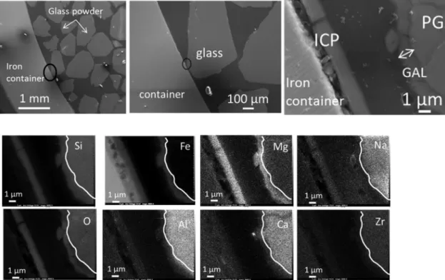 Figure 3. SEM and EDX elementary mappings on a zone with ICP and GAL. The white line separates PG and GAL.