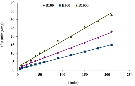 Figure V.9 : Cinétique du pseudo-second ordre de l’adsorption de SRL-150 sur les boues  B100, B500 et B1000