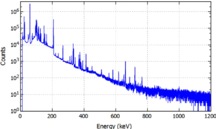 Fig. 1. Gamma spectrum obtained with a hyper-pure germa- germa-nium (HPGe) detector in which each peak corresponds to a gamma emission line of the source.