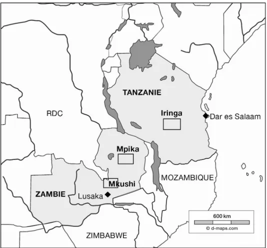 Figure 2.1.  Localisation des trois régions étudiées, sur les hauts plateaux tanzaniens et  zambiens.