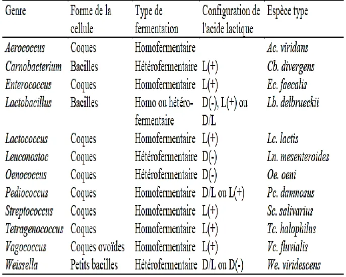 Tableau 01. Les principaux genres des bactéries lactiques et les caractéristiques physiologiques  qui forment la base de la classification et de l’identification (Matamoros, 2008) 