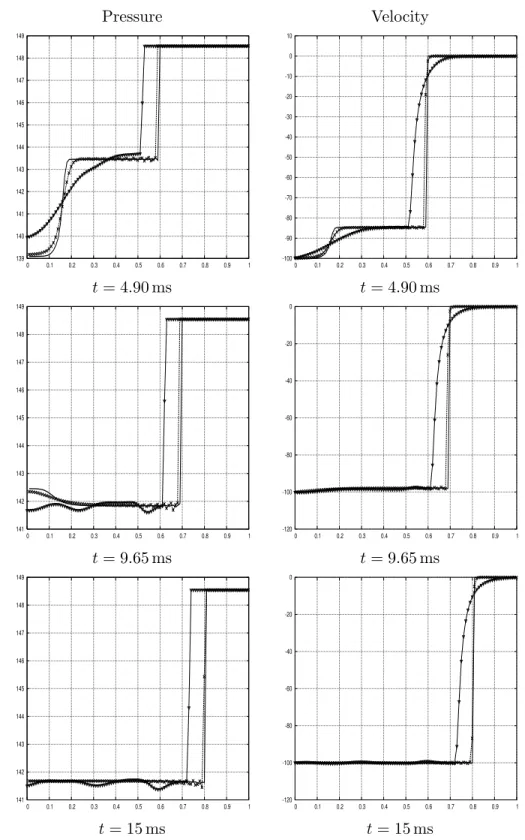 Figure 8: Pressure and velocity profiles comparison between solutions for different mesh sizes obtained with the MT-equilibrium; symbols 5 and × represent  respec-tively solutions obtained with a domain discretize over 100 and 1000 cells while solid lines 