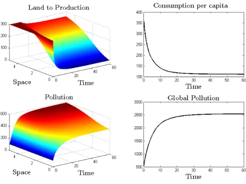 Figure 4: Damage function only depends on local pollution ( 1 = 0).