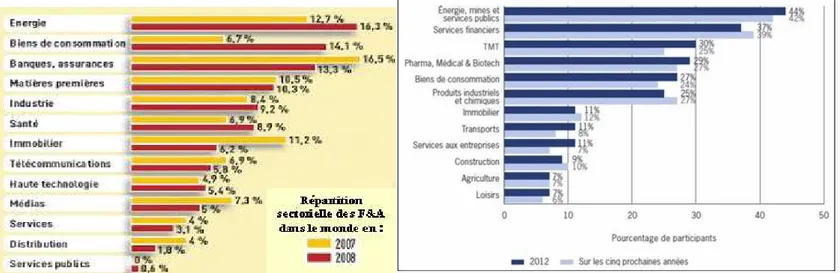Figure 5 : Répartition sectorielle des   Figure 6 : Répartition sectorielle des FA  FA dans le monde en 2007 et 2008  32    dans le monde de 2012 et prévisions sur 