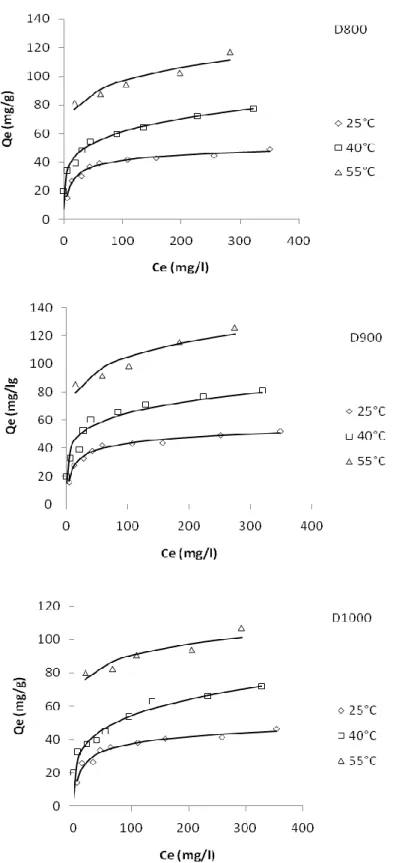 Figure III.10b: Isothermes expérimentales (. . . .) et théoriques d’après le modèle de                                Redlich-Peterson (—) pour D800, D900 et D1000