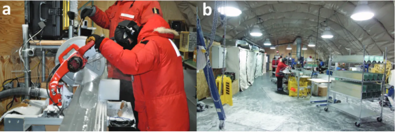 Fig. 5. A run of ice core is coming out of the FED and into the 4 m push-out tray at the ‘Receiving and logging’ station