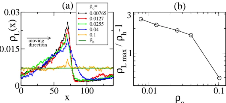 Fig. 7. Bands. (a) The particle density profile ρ L (x) of the bands along the (band) moving direction