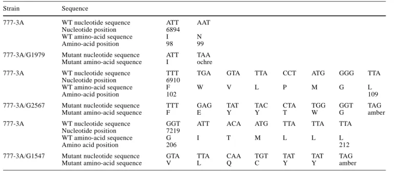 Table 3 Localization of the frameshift mutations and positions of the nonsense codons generated