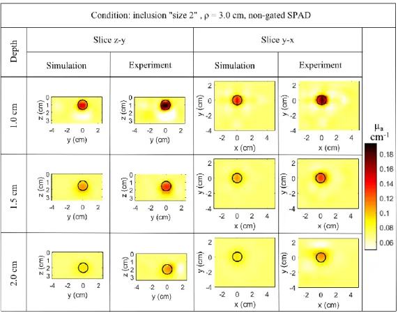 Fig. 3. Numerical and experimental 3D reconstruction absorption maps with non-gated SPADs  at 3.0 cm source-detector distance represented in a vertical (z-y) and a horizontal (y-x) slices  both  passing  through  the  expected  center  of  the  inclusion  