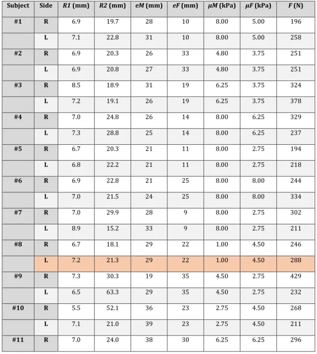 Table 2: Characteristics of subjects for each side (right and left). The LHS of subject #8 is indicated in a different color because 