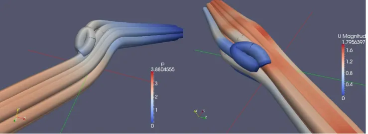 Figure 1. Flow pressure (left) and speed (right) in an air-conditioner pipe (ParaView screenshots)
