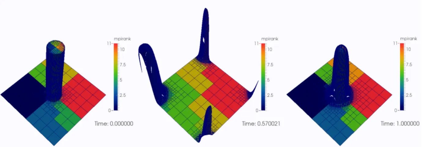 Figure 4. View of the adaptive meshing and domain decomposition, load-balancing and 2:1 balance for the disk advection test case