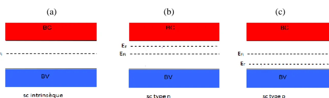 Figure 4 : Position du niveau de Fermi dans différents types de semi-conducteurs [2]. 