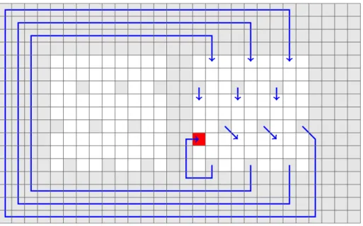 Figure 12: P 17  P 28 where the squares are vertices. Example of a diagonal attack at the red square when at most one guard may occupy a vertex