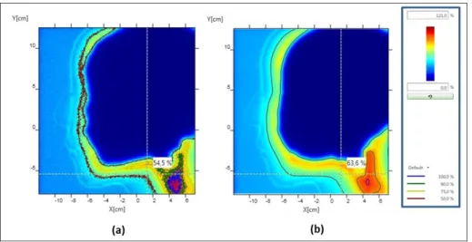 Figure 1: Relative comparison of a GATE dose simulation (a) and a 2D Lynx measurement (b) acquired at the same downstream 