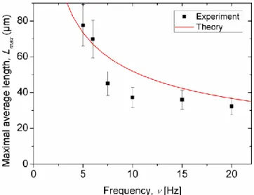 Fig.  6.  The  experimental  and  theoretical  dependency  of  the  maximal  average  aggregate  length  on  the  field  frequency