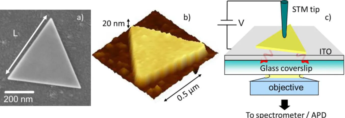 Figure 1: Sample and experimental set-up. (a) Scanning electron micrograph and (b) 3D projection of a scanning tunneling microscopy image of a colloidal, triangular, gold platelet.