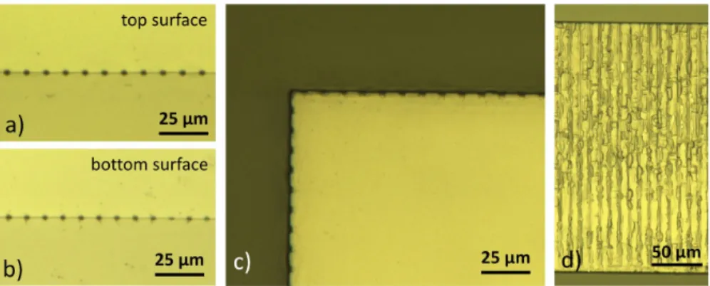 Fig. 5. Laser-induced cleaving of D263T glass by volume absorption of Bessel beams, E p =70 µJ, 4 pulses per burst, θ B =13.3 ◦ , 10 kHz, v=125 mm/s