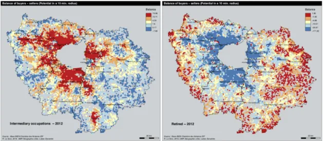 Fig 6. Sellers—Buyers balance in 2012. A: Intermediary occupations. B: retirees. Source: BIEN Database, Chambre des Notaires IDF, 2012