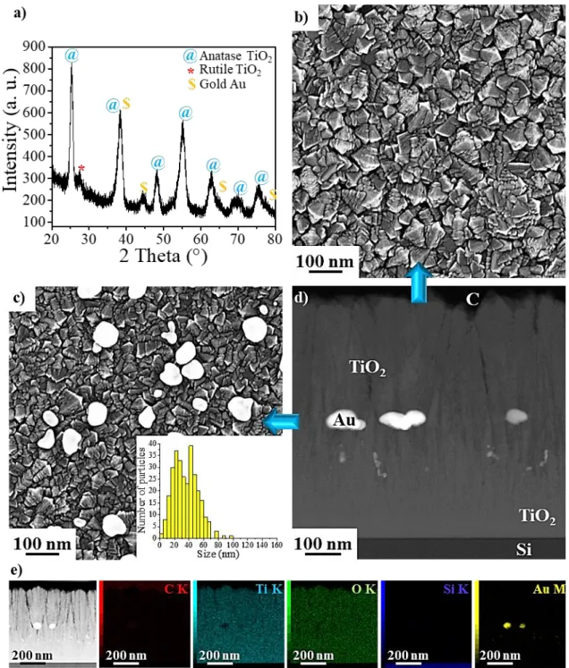 Figure 2. a) GI-XRD pattern: anatase TiO 2  (blue @), rutile TiO 2  (red *) and Au (orange $) b-d)  Microstructure  of  TiO 2 /Au/TiO 2 /Cbz  material:  SEM  observation  of  the  top  surface  of  b)  the  second TiO 2  layer and c) the first TiO 2  layer