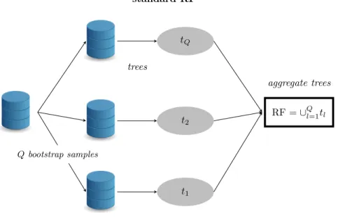 Figure 2: RF construction scheme: starting from the dataset (left of the figure), generate bootstrap samples (by randomly selecting n observations with replacement from learning set L) and learn corresponding randomized binary decision trees