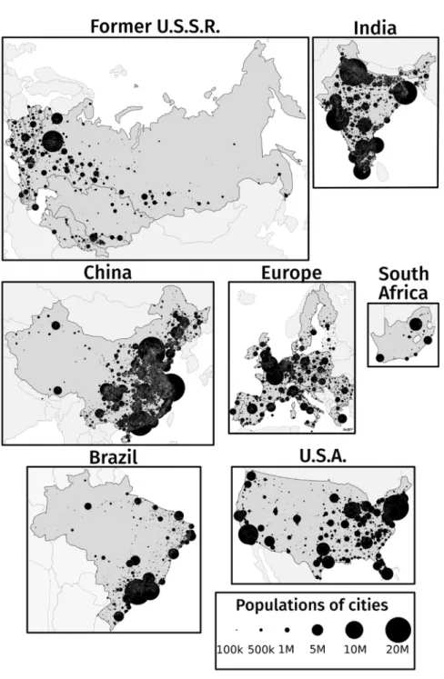 Figure 1 Populations of cities around 2010 in the seven systems 