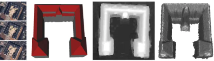 Figure 1. Various 3D representations of an urban object - from left to right: multi-view images, 3D-primitive modeling, depth map and mesh with triangular facets.